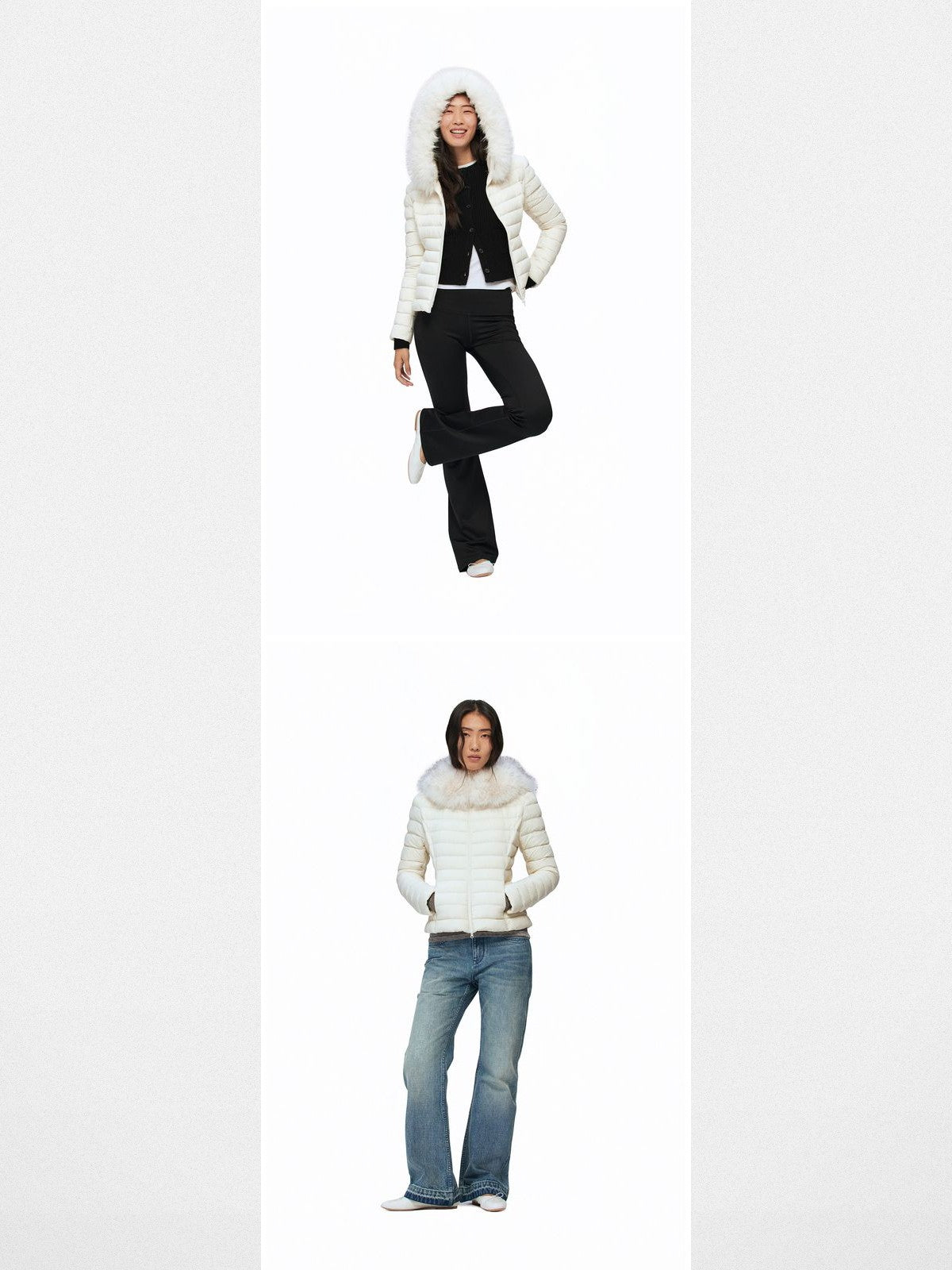 Alright then Slim Faux Fur Down Puffer in White - On Model