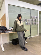 NeverSeez Asymmetric Zip Sherpa Collar Jacket in Green - On Model