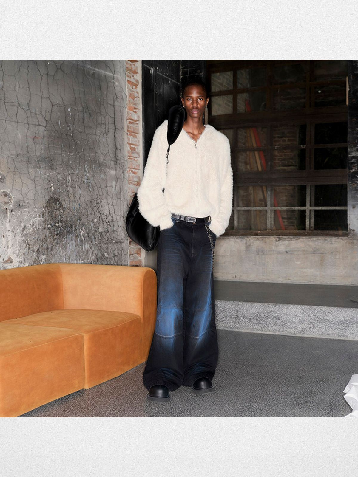 TRIANGLE PROJECT Faux Mink Zip Up Hooded Jacket in White - On Model