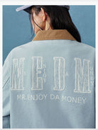 MEDM Lace Appliqu Detroit Jacket in Sky Blue - On Female Model