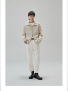 NANS Heavyweight Raglan Zip Cardigan in Beige - On Model