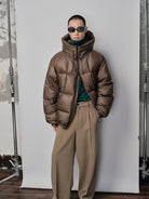 NANS Micro Check Hooded Down Puffer in Brown - On Male Model