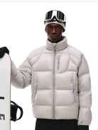 FPA Stand Collar Goose Down Puffer in White - On Male Model