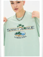LOSTCTRL Palm Tree Embroidered Cotton Tee in Mint - On Model