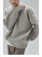 NANS Heavyweight Oversized Merino Crewneck in Beige - On Model