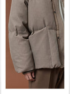 NANS Wool Touch High Neck Down Puffer in Beige - On Model