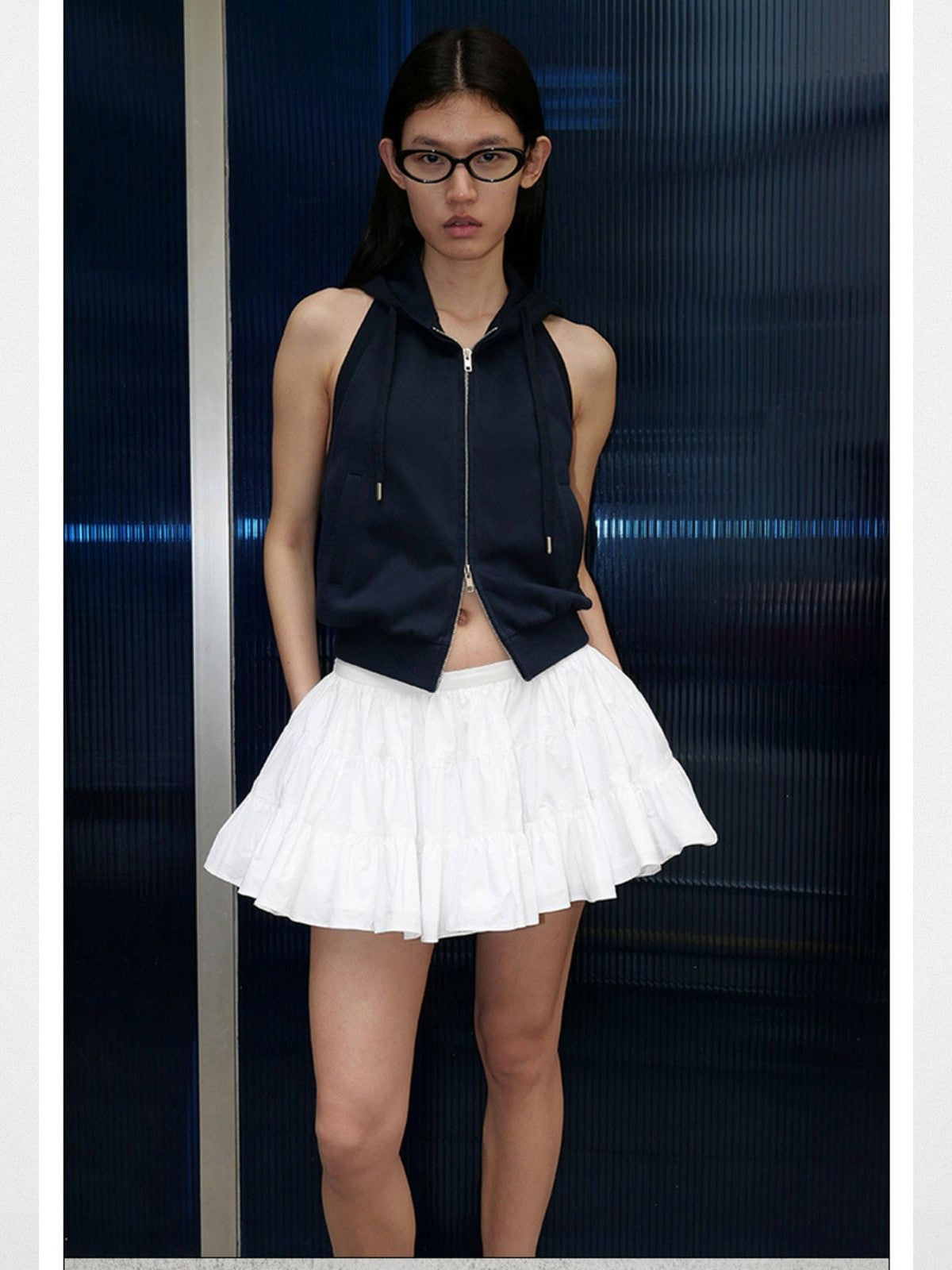 RARELY ALIKE Convertible Zip Up Hoodie in Navy Blue - On Model