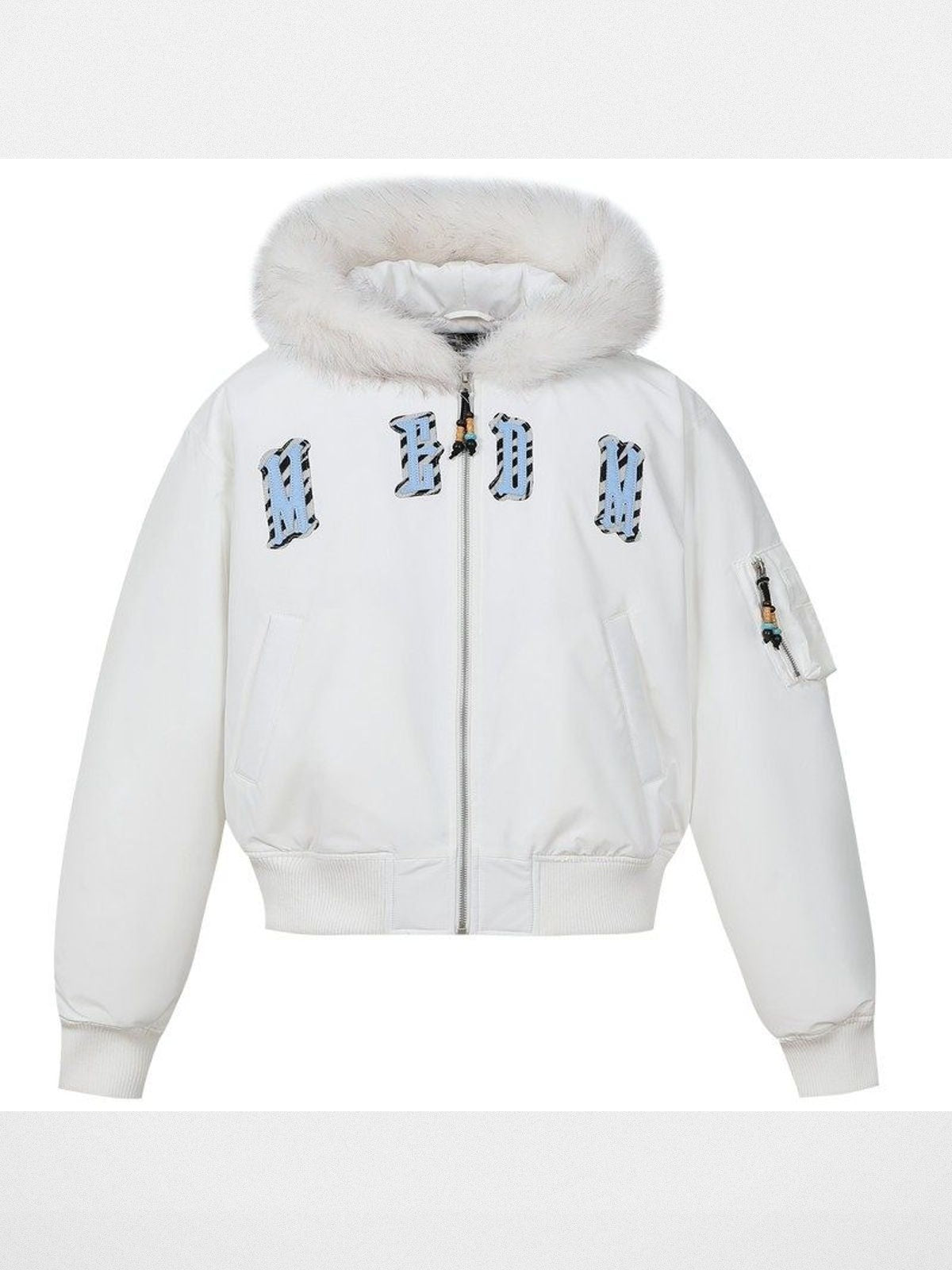 MEDM Fur Trimmed Padded Varsity Jacket in White