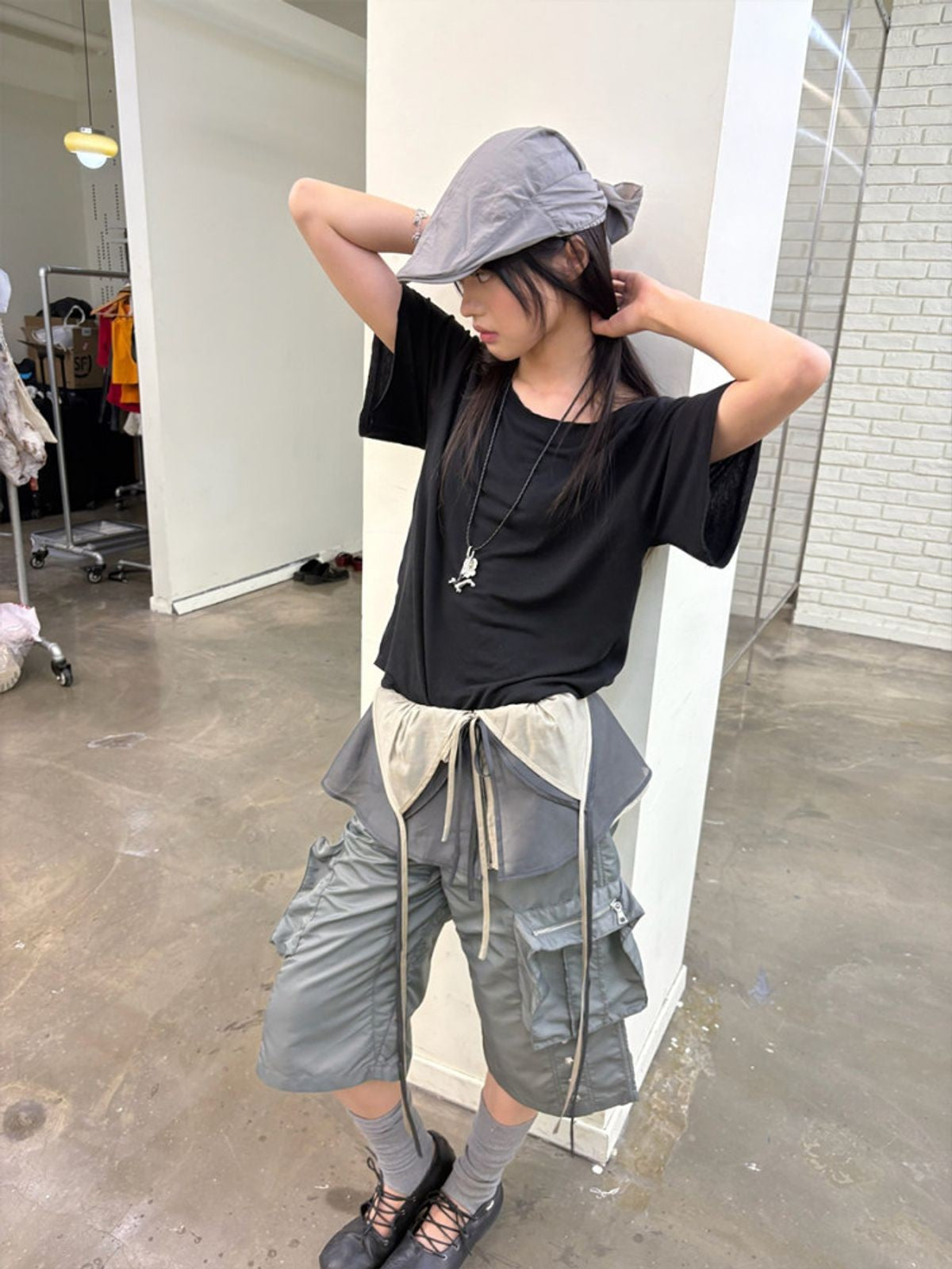NeverSeez Raw Edge Lyocell Linen T Shirt in Silver - On Model