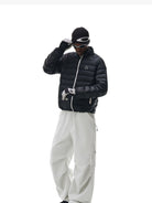 FPA Contrast Zip Down Puffer in Black - On Male Model