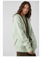 Simple Project Hooded Wool Blend Cardigan in Mint - On Female Model