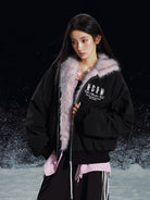 MEDM Faux Fur Hooded Padded Jacket in Pink - On Female Model