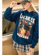 BeerBro Retro Graphic Print Hoodie in Navy Blue - On Model