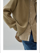 NANS Heavyweight Raglan Zip Cardigan in Beige - On Model