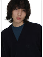 MasonPrince Mock Two Piece Wool Blend Sweater in Navy Blue - On Male Model