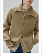 NANS Heavyweight Raglan Zip Cardigan in Beige - On Model