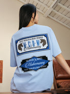 MEDM Retro Typography Chenille T Shirt in Sky Blue - On Female Model