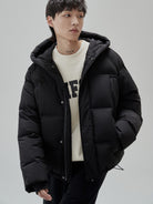 NANS Wide Quilt Hooded Down Puffer in Black - On Model
