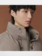 NANS Wool Touch High Neck Down Puffer in Beige - On Model