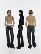 RARELY ALIKE Zip Up High Neck Wool Knit in Beige - On Model