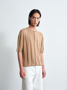 ROYA Linen Cotton Jacquard Henley in Beige - On Model