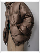 NANS Micro Check Hooded Down Puffer in Brown - On Model