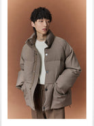 NANS Wool Touch High Neck Down Puffer in Beige - On Model