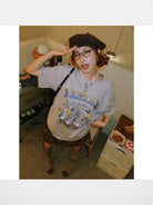 BeerBro Rabbit Graphic Oversized T Shirt in Gray - On Model