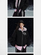 MEDM Faux Fur Trim Padded Jacket in Pink - On Female Model