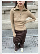 RARELY ALIKE Zip Up High Neck Wool Knit in Beige - On Model