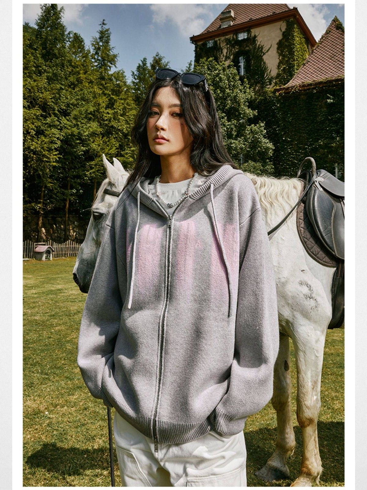 MEDM Phantom Graphic Knit Hoodie in Gray - On Female Model