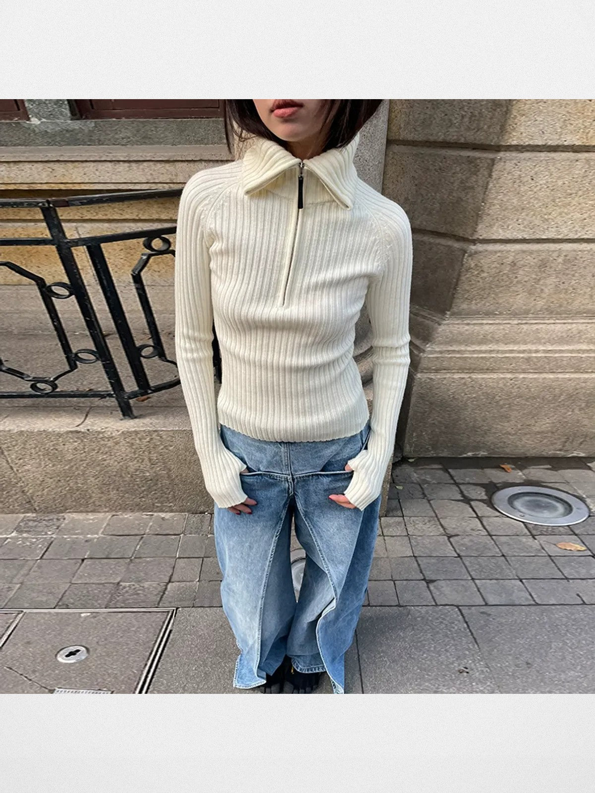 RARELY ALIKE Zip Up High Neck Wool Knit in Beige