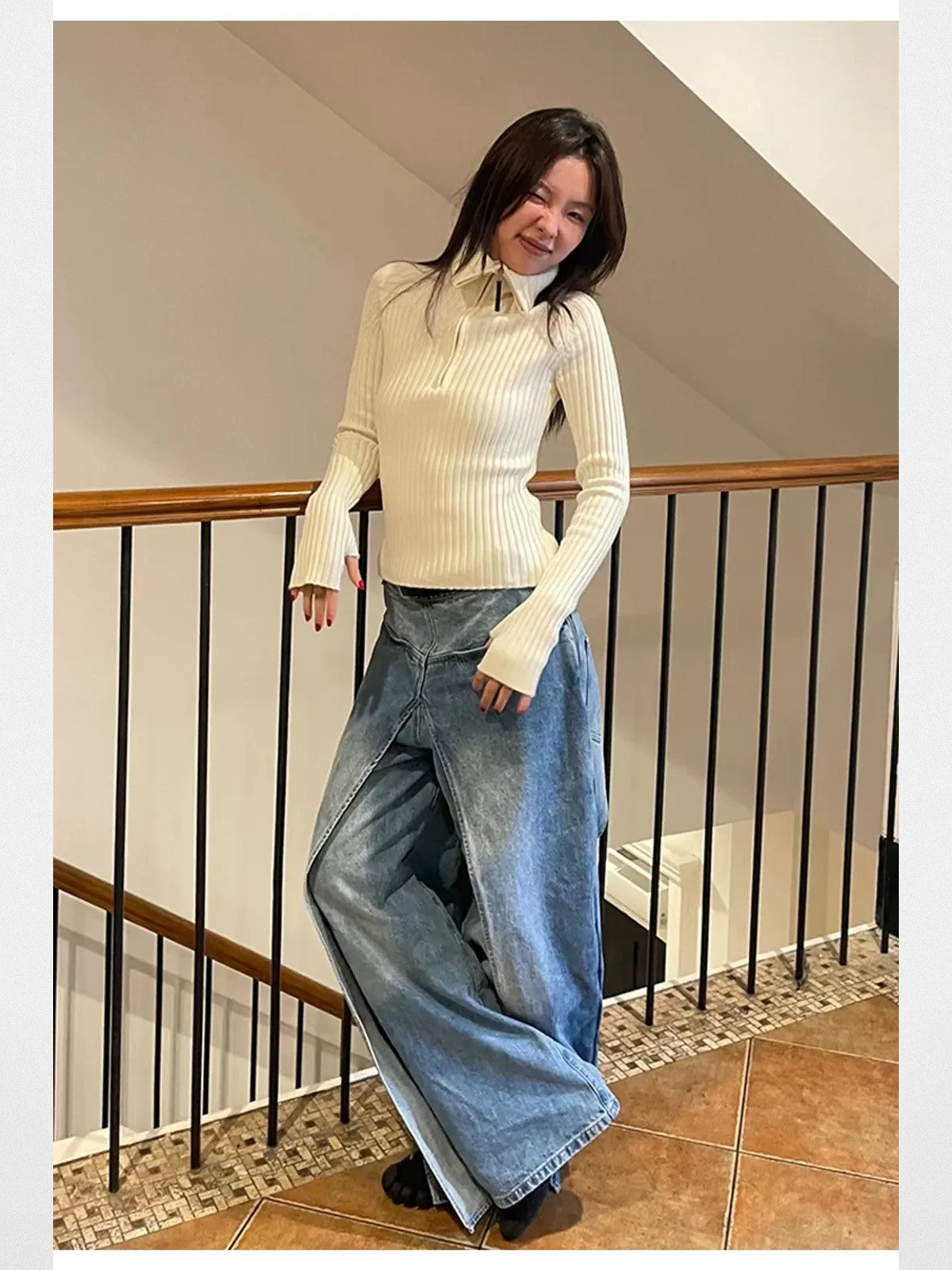 RARELY ALIKE Zip Up High Neck Wool Knit in White - On Model