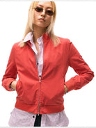 alright then Brushed Cotton Stand Collar Jacket in Red - On Female Model