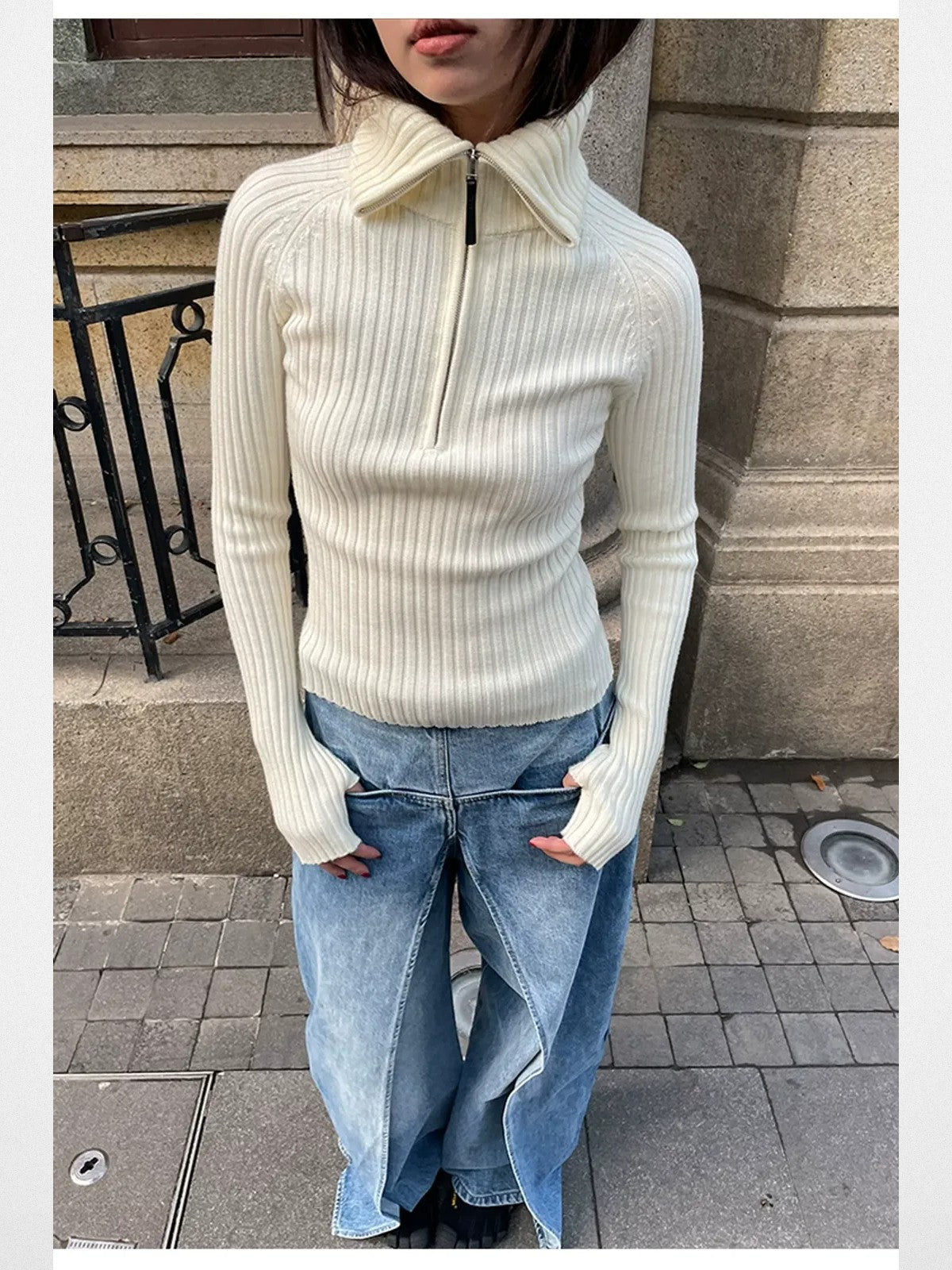 RARELY ALIKE Zip Up High Neck Wool Knit in White