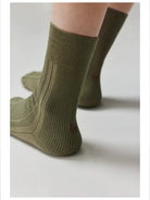 Simple Project Irregular Ribbed Crew Socks in Olive - On Model