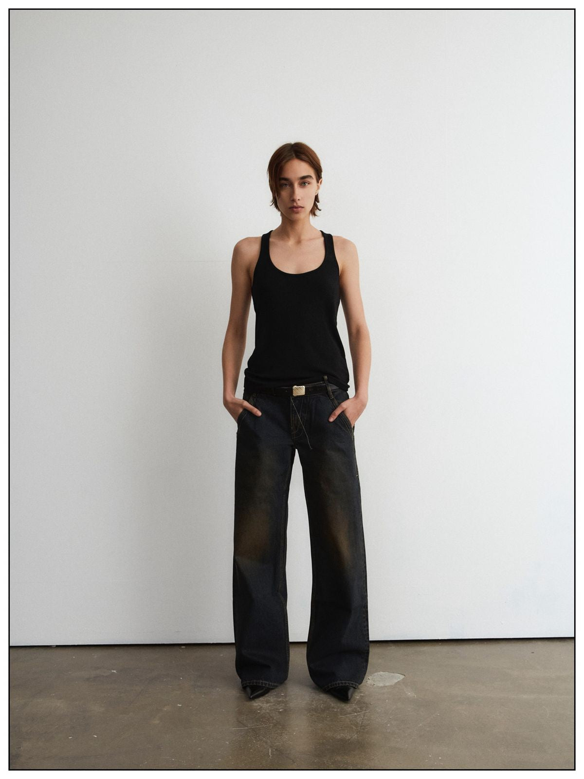 Fax Copy Express Basic 2 Distressed Wide Leg Jeans in Black - On Model