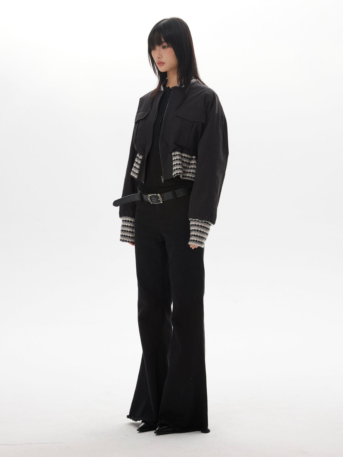 THELIGHT OFFICIAL Contrast Knit Cropped Jacket in Black - On Model