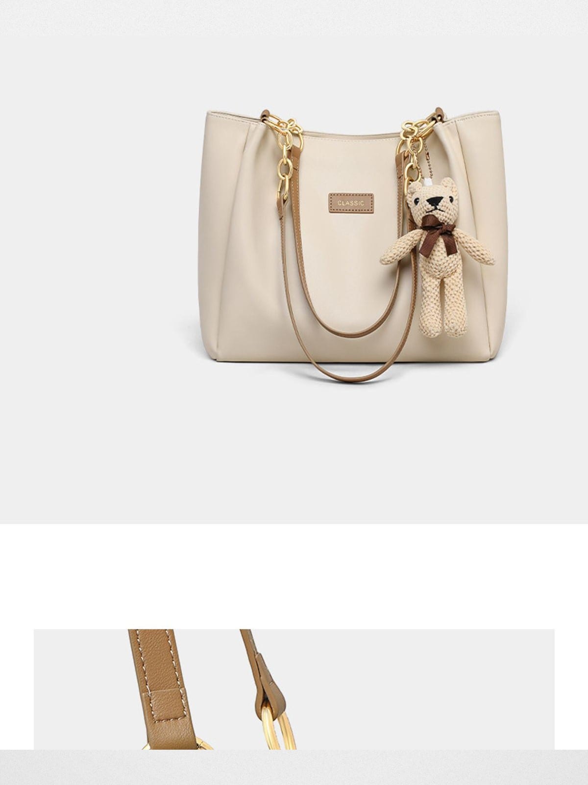 VINEY Leather Chain Strap Tote Bag in Beige