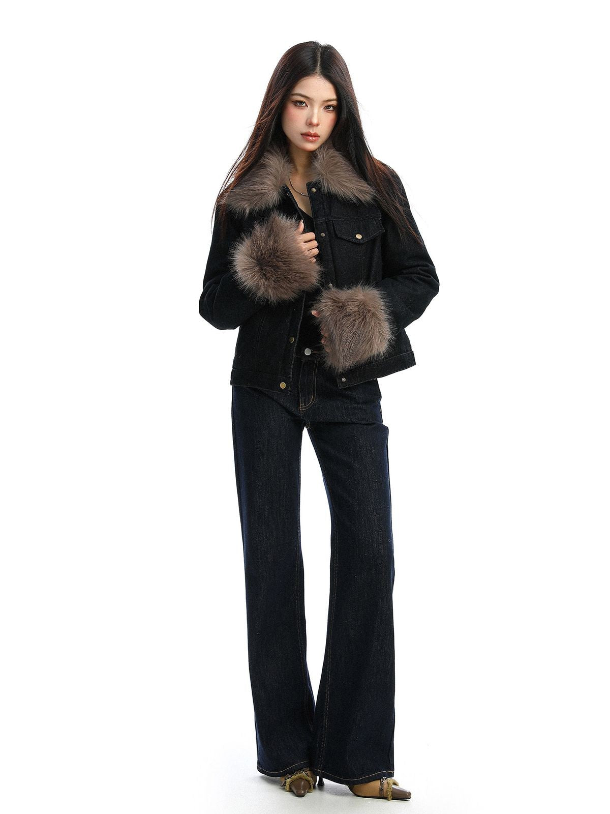BIGGOLD STUDIO Fur Trim Padded Denim Jacket in Black - On Model