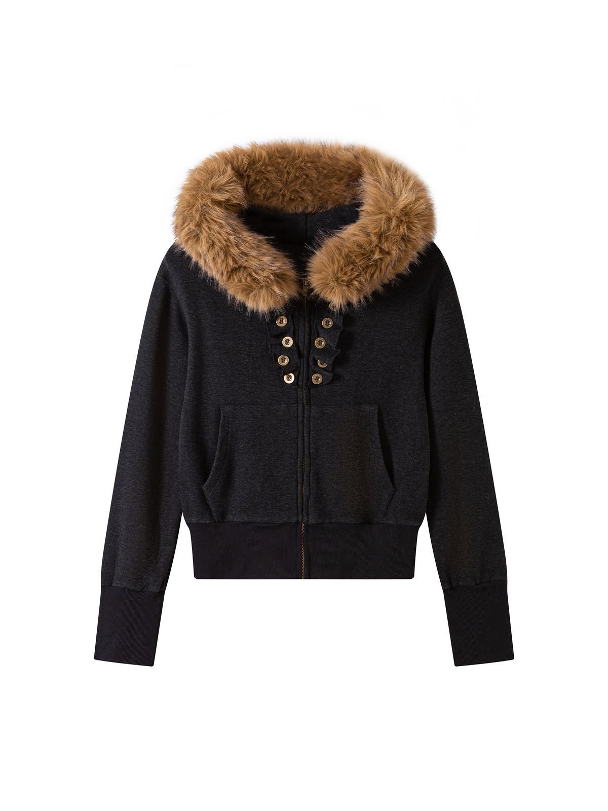 THELIGHT OFFICIAL Detachable Fur Collar Ruffle Jacket in Gray