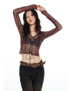 THELIGHT OFFICIAL Totem Print Mesh Lace Up Top in Red - On Model