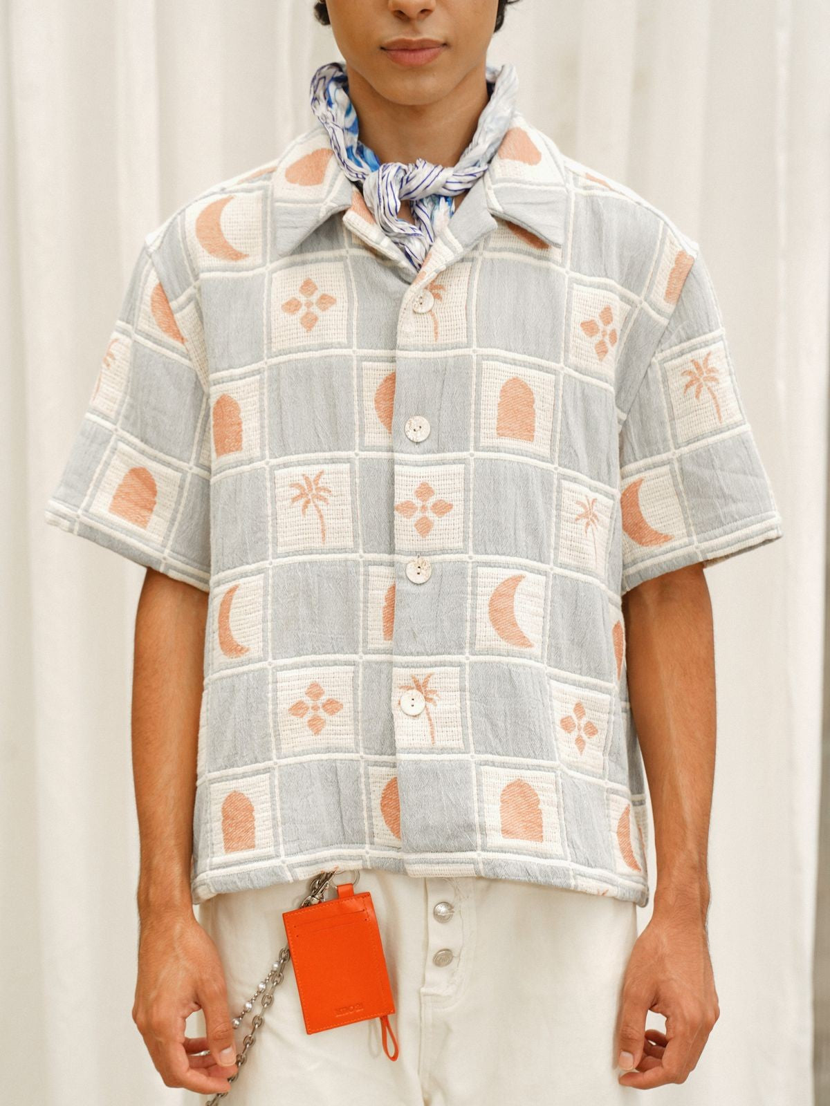 Retro 21 Knitted Plaid Camp Collar Shirt in Blue - On Model