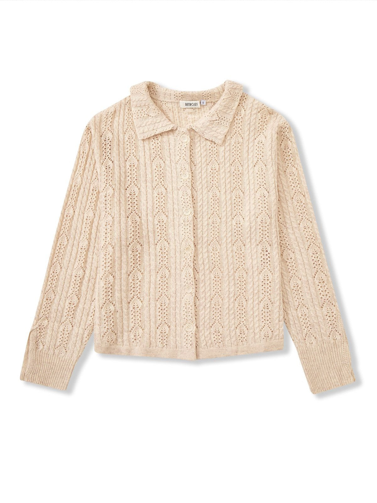 Retro 21 Openwork Wool Knit Cardigan Shirt in Apricot