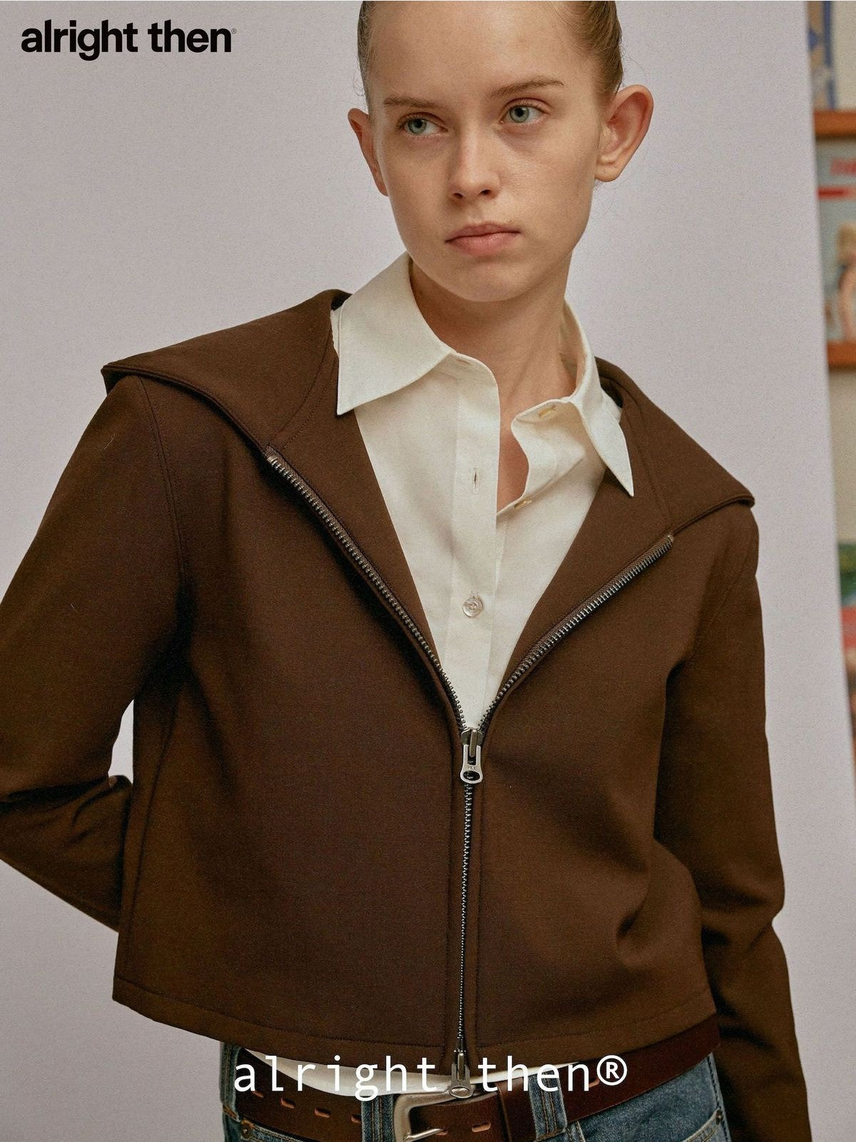 Alright then Hooded Wool Double Zip Jacket in Brown - On Model
