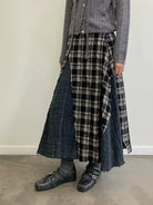 NeverSeez Spliced Plaid Linen Maxi Skirt in Black - On Model