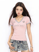 BIGGOLD STUDIO Contrast Trim V Neck Jersey Tee in Pink - On Model #color_pink