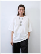 RandomPiece Oversized Drop Shoulder Cotton T Shirt in White - On Model