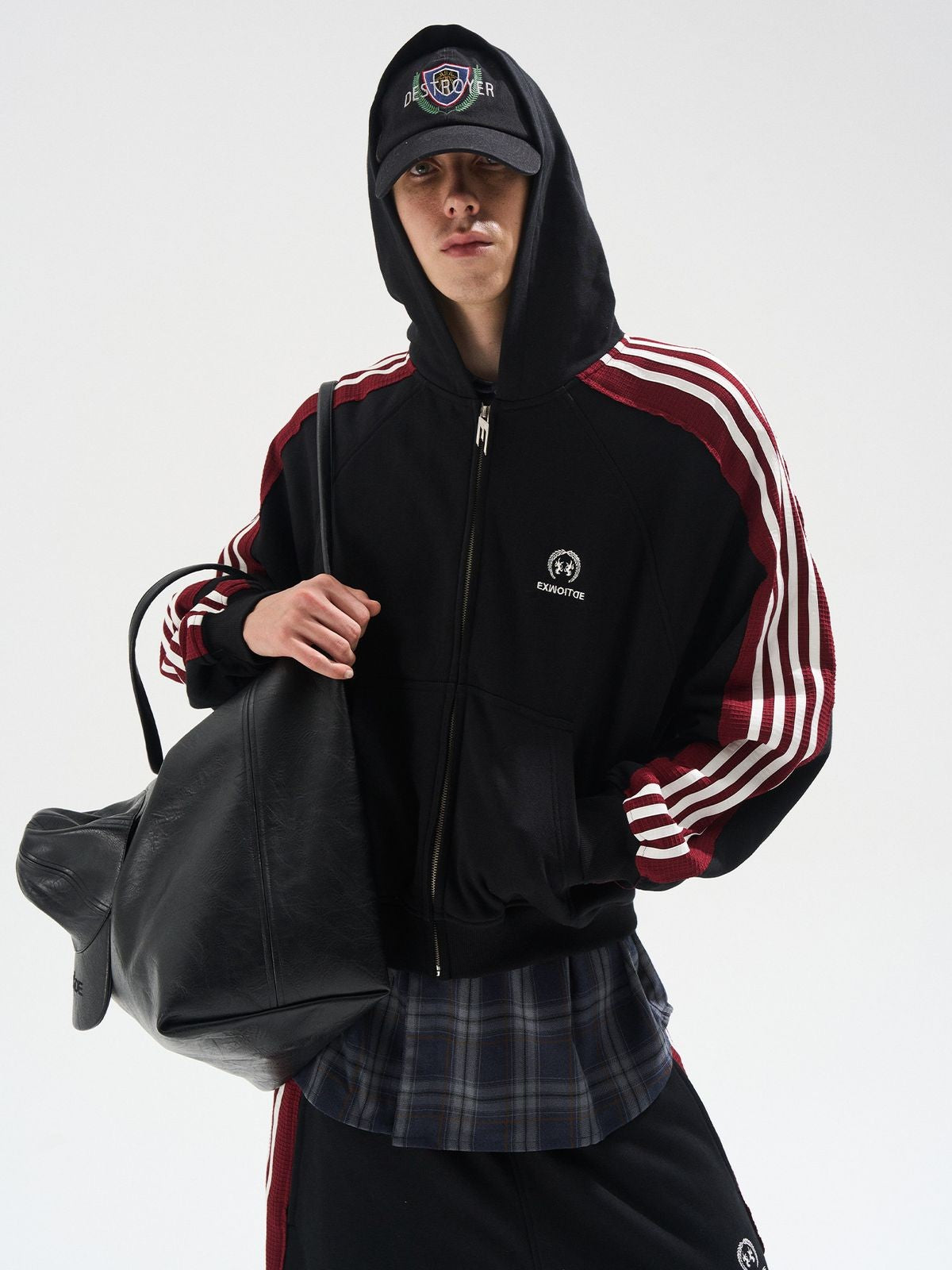 BLINDNOPLAN Raw Edge Contrast Tape Zip Hoodie in Black - On Model