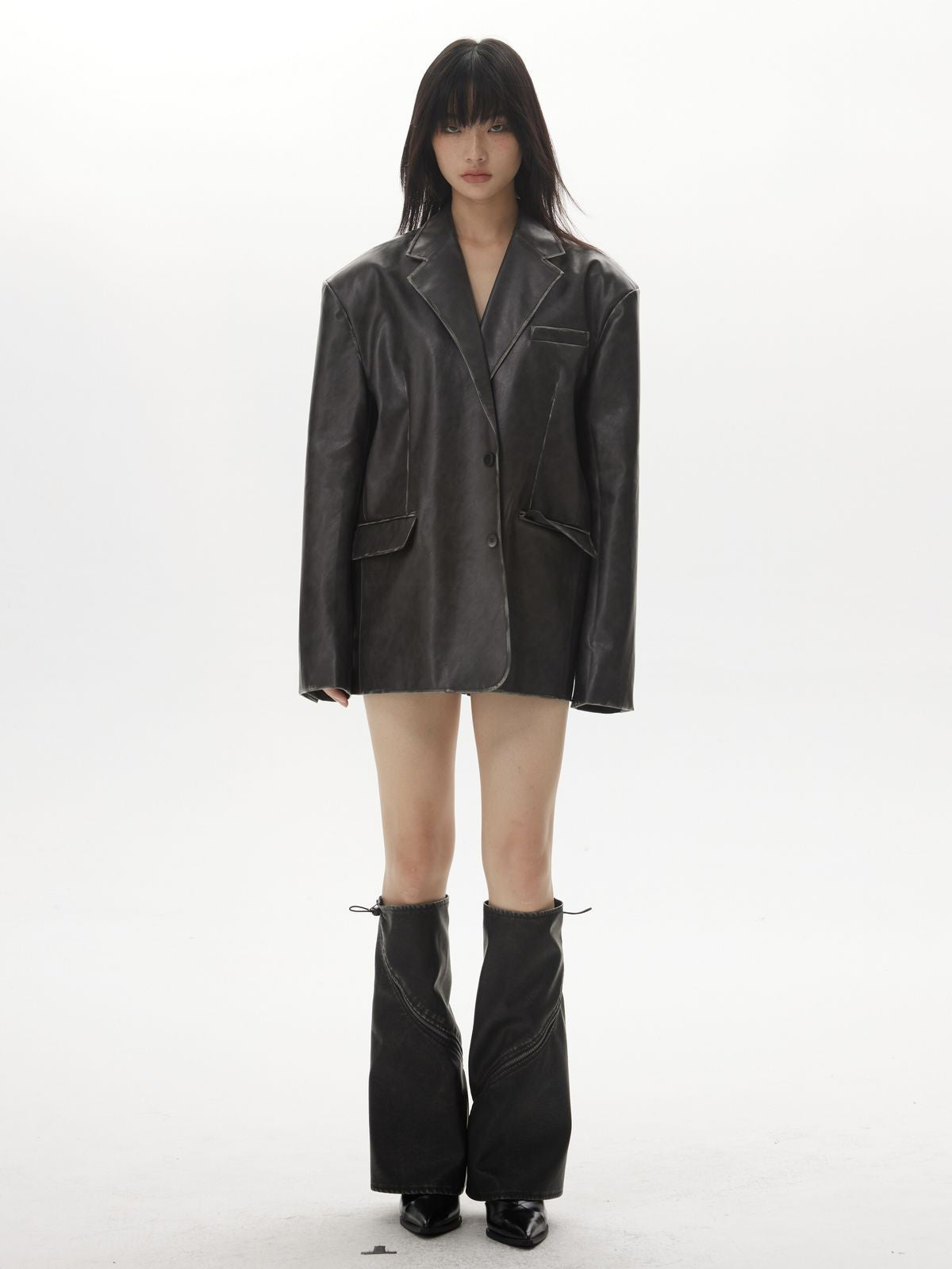 THELIGHT OFFICIAL Washed Faux Leather Blazer Leg Warmers in Black - On Model